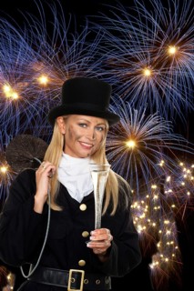 A female chimney sweep with a champagne glass in front of New Year's Eve fireworks, Prosot New Year