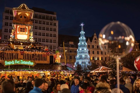 WROCLAW, POLAND - DECEMBER 08, 2018: Christmas fair in the market square of Wroclaw with the