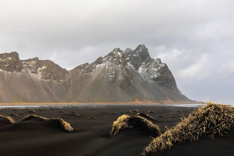 Sand dunes covered with rotten grass, lava sandy beach against mountain backdrop, winter,