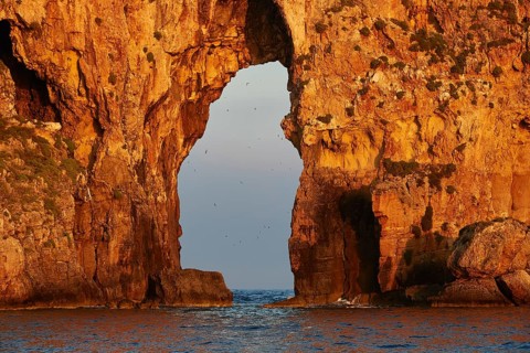 Detail of a rock arch at sunrise with birds in the sky, morning light, Tsichli Babas islet,