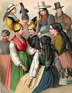 Traditional costumes in Germany around 1820, Austria, Upper Austria, woman in elaborate costumes