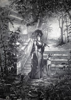 Symbolic picture autumn, elegant lady with umbrella and a dog standing in an early autumn park,