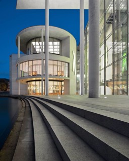The Paul Löbe House of the German Bundestag on the Spree at dusk, blue hour, government district,