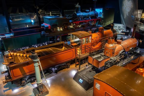 Steam locomotives at Train World, railway museum in Schaerbeek, Schaarbeek, Brussels, Belgium