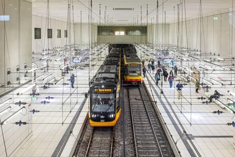 Combined solution, public transport in Karlsruhe. Realignment of trams and light rail in the city