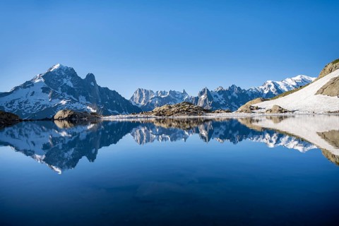 Mountain landscape in morning light, reflection in Lac Blanc, mountain peaks, Aiguille Verte,