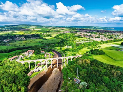 Larpool Viaduct over River Esk and Esk Valley Viaduct from a drone, Whitby, North Yorkshire,