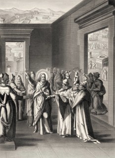 Jesus' debate with the Pharisees after the Feast of Tabernacles, steel engraving 1853, digitally