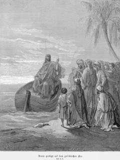 Jesus preaches on the Galilean Sea, he got into the boat and speaks to the crowd, Sea of Galilee,