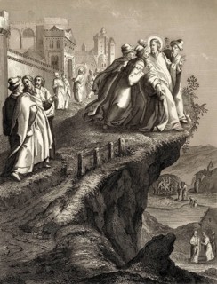 The attempt to throw Christ off a cliff, New Testament, steel engraving 1853, digitally restored