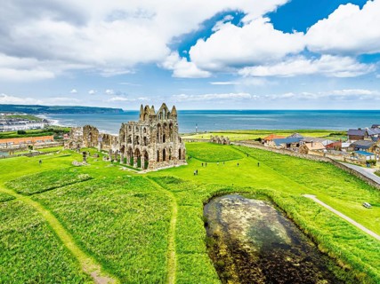 Whitby Abbey over River Esk from a drone, North Yorkshire, England, United Kingdom