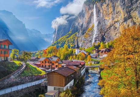 View of town and valley with Staubbach waterfall in autumn, Lauterbrunnen, Bernese Oberland, Canton