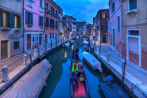 Gondola in the evening in a side canal in the Dorsoduro district, Venice, Veneto, Italy