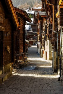Old Farmhouses in Rue du Village, Historic Town Center, Grimentz, Val d'Anniviers, Valais Alps,