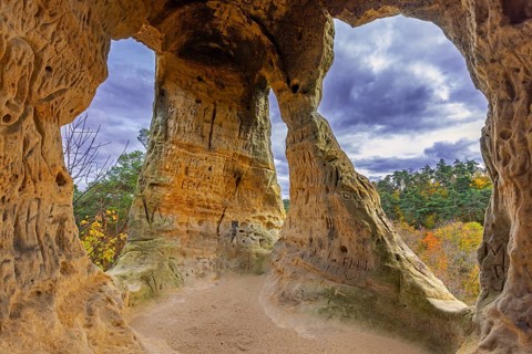 Klusfelsen, sandstone rock formation in Goslar near Halberstadt on the edge of the Harz Mountains,