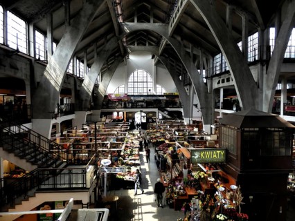Bustling market hall No. 1 in Wroclaw with stalls and impressive architecture, Wroclaw, Poland