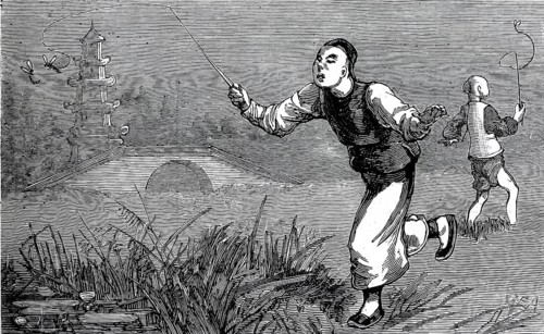 China in 1898, boys try to hit dragonflies with a whip, illustration, reproduction from a 19th