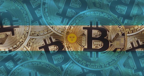 Bitcoin coins on Argentina flag background. Golden bitcoin coins on Argentina flag background