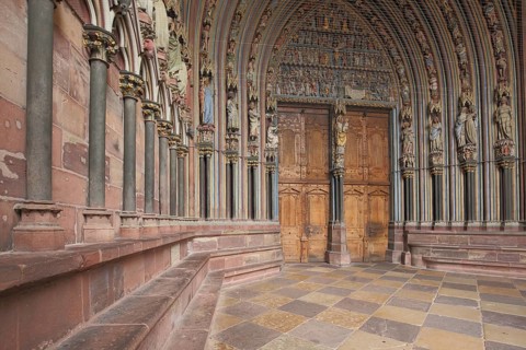 Entrance with tympanum, portal with columns and decorations, perspective, Münster, Münsterplatz,