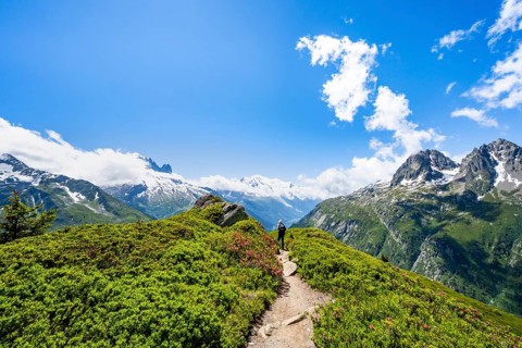 Mountaineers on hiking trail, mountain panorama with glaciated mountain peaks, Aiguille du Midi and