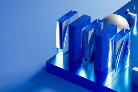 An array of geometric forms cast in blue illuminates a stunning 3D technological environment,
