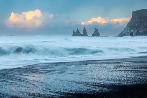 Reynisdrangar pinnacles, lava sandy beach, waves, sea, clouds, winter, Vik, Iceland, Scandinavia