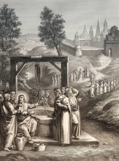 Jesus talks with a Samaritan woman, the Samaritan woman returns, New Testament, Steel engraving