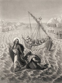 Jesus walking on the water, New Testament, steel engraving 1853, digitally restored