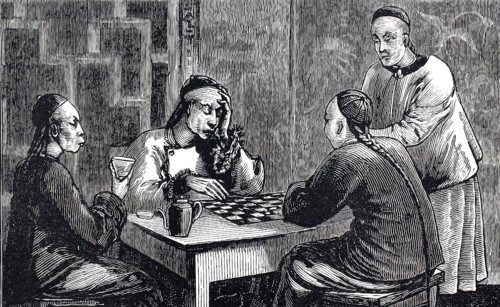 China in 1898, men playing chess, illustration, reproduction of a model from the 19th century.