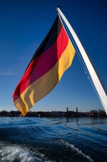 German flag, German flag, flying on ferry, Lindau behind, Bavaria, Lake Constance, Germany