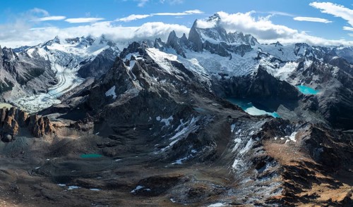 Aerial view, epic panorama, large glaciers, glacial lakes Lago de los Tres Laguna Sucia and Laguna