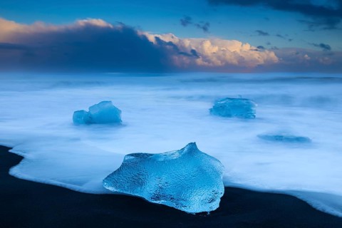 Ice chunks on black beach, lava beach, glacier ice, sea, sunset, winter, Diamond Beach