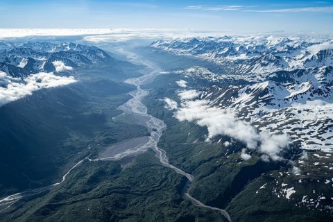 Mountain valley, snow and ice, epic mountains with glaciers, aerial view, Alaska Range, Denali