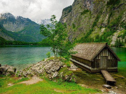 Boathouse at the Obersee near Königssee in the Berchtesgaden National Park, Schönau am Königssee,