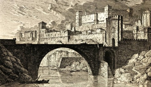 Puente de Alcántara, Alcantara bridge over the Tagus in Toledo, Toledo province, Spain, stone arch