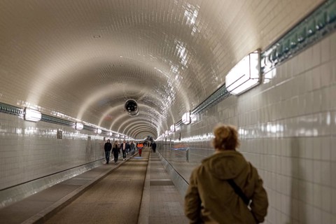 People, pedestrians, Old Elbe Tunnel, Hamburg, Germany