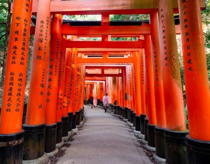 Visitors on a journey through hundreds of red traditional torii gates, Fushimi Inari-taisha, Shinto