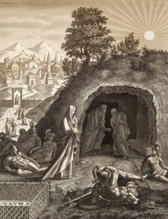 The empty tomb, Resurrection of Jesus, New Testament, steel engraving 1853, digitally restored