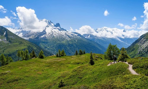 Mountaineers on hiking trail, mountain panorama with glaciated mountain peaks, Aiguille du Midi and