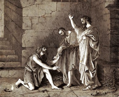 Believe in the Lord Jesus Christ and you and your house will be saved, Paul kneels down to Paulo