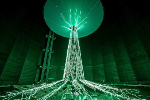 New exhibition at Gasometer Oberhausen, art sculpture The Tree, 40 meter high light installation,