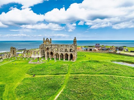 Whitby Abbey over River Esk from a drone, North Yorkshire, England, United Kingdom