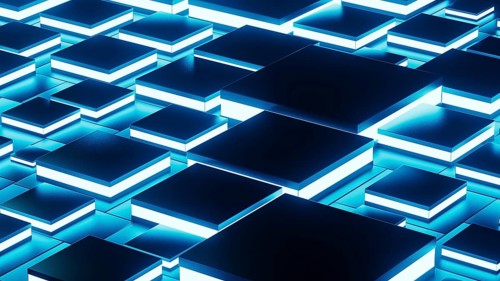 Abstract background design featuring a network of glowing geometric shapes in blue tones, creating