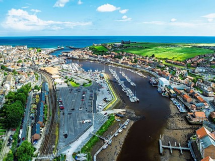 Whitby and River Esk from a drone, North Yorkshire, England, United Kingdom