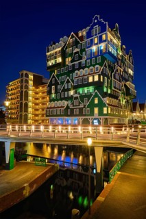 ZAANDAM, NETHERLANDS, MAY 8, 2017: Inntel Hotel in Zaandam illuminated at night. Design of