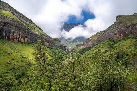Landscape with mountains and fog, Drakensberg National Park, KwaZulu Natal, South Africa