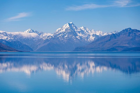 Landscape with mountains and lake. Lake Pukaki and Mount Cook. Aoraki Mount Cook National Park,