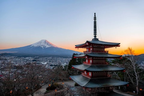 Five-story pagoda of a Shinto Shrine, Chureito Pagoda, with views of Fujiyoshida City and Mount