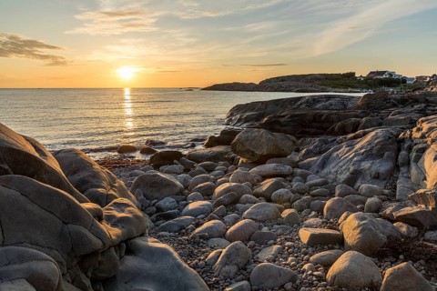 Sunset on the North Sea with archipelago on the west coast near Lerkil, Hallands län, Sweden