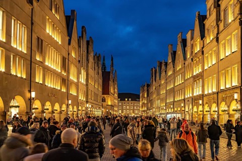 Giebelhäuser am Prinzipalmarkt at dusk, Münster, North Rhine-Westphalia, Germany
